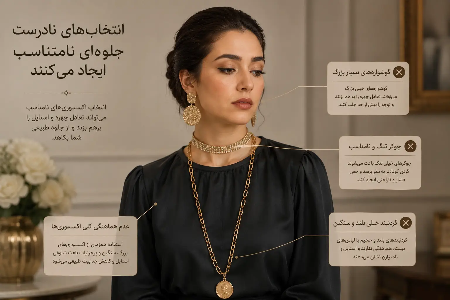 نمونه انتخاب اشتباه اکسسوری شامل گوشواره بزرگ، چوکر نامناسب و گردنبند نامتناسب با فرم صورت و استایل