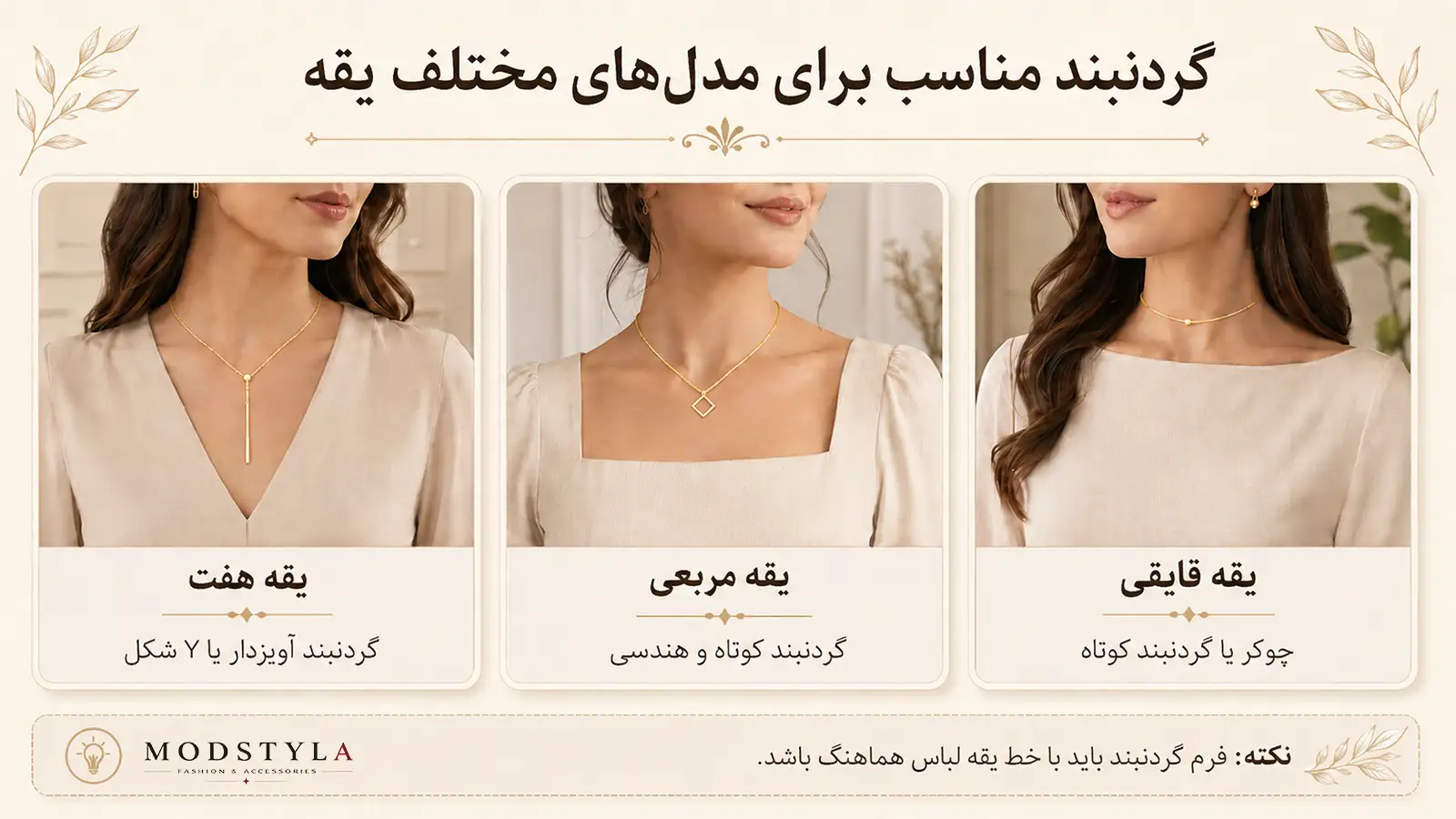 اینفوگرافیک راهنمای انتخاب گردنبند مناسب برای یقه هفت، یقه مربعی و یقه قایقی در استایل زنانه